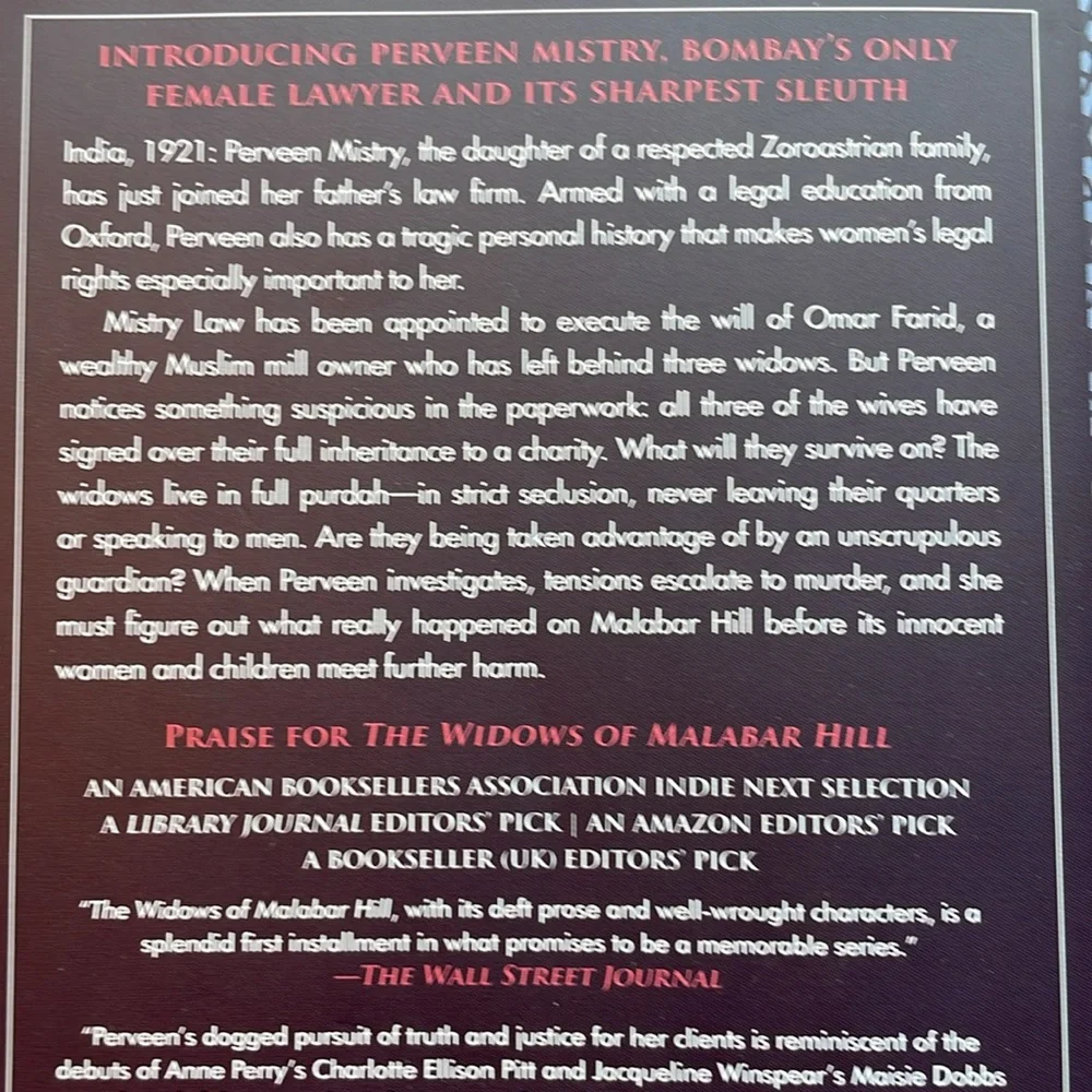 The Widows of Malabar Hill by Sujata Massey c2018, Mystery of 1920’s India